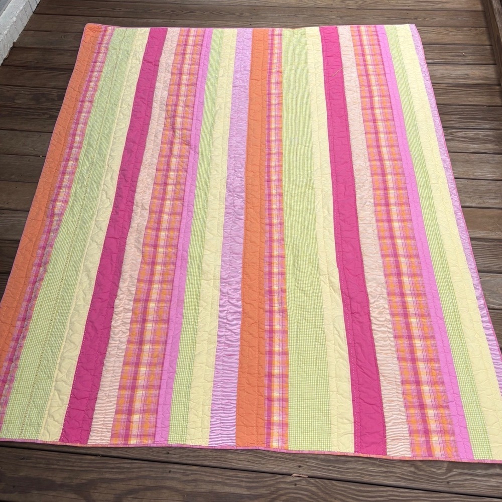 Vintage Pottery Barn Kids Y2K Multi Stripe Gingham Quilt Twin 66x80 Cotton Pink